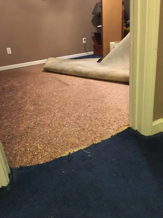 Carpet pad removal revealing water damage during Water Mitigation Services in Estacada